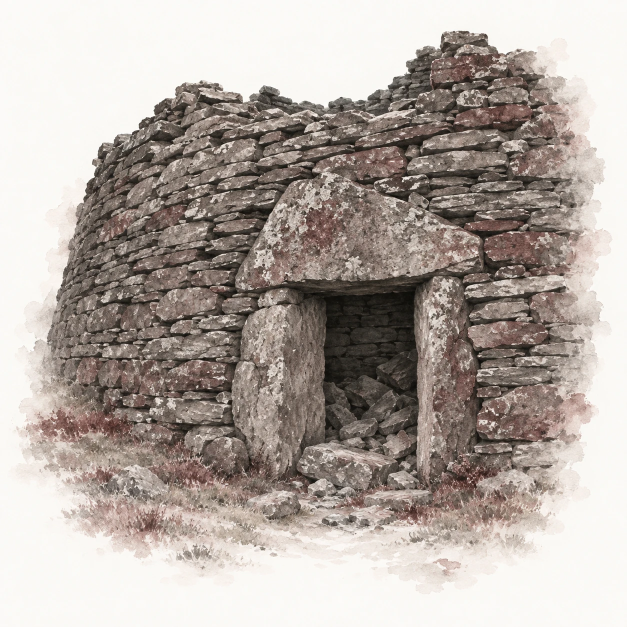 Watercolor study of a ruined broch entrance with a massive stone lintel and irregular drystone masonry.