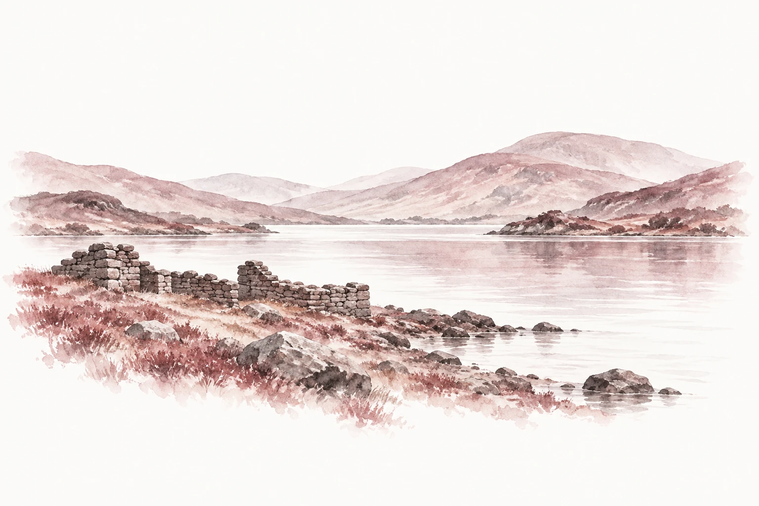 Interpretive watercolor of Scottish loch-side countryside and low drystone ruins.
